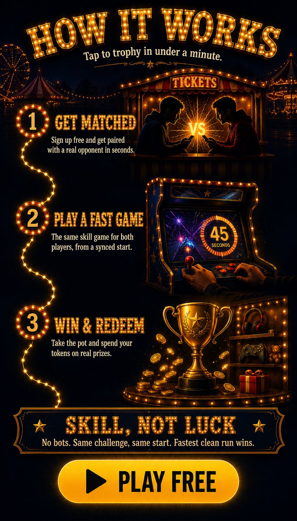 How VS Compete works — get matched, play a fast skill game, win and redeem tokens for real prizes.