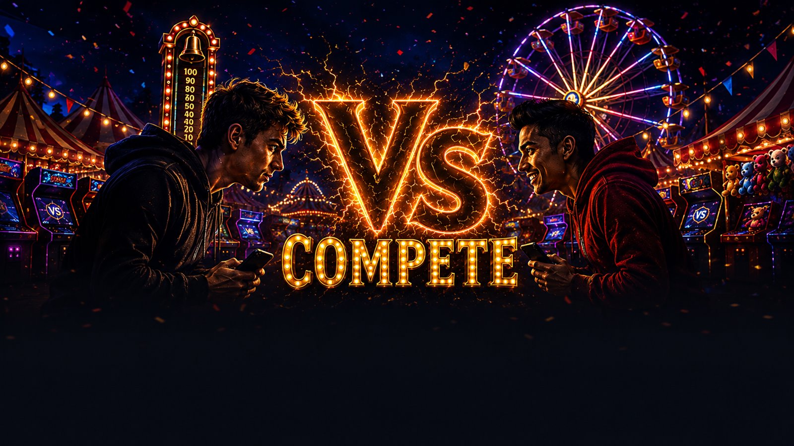 VS Compete — two rivals face off at the carnival arcade