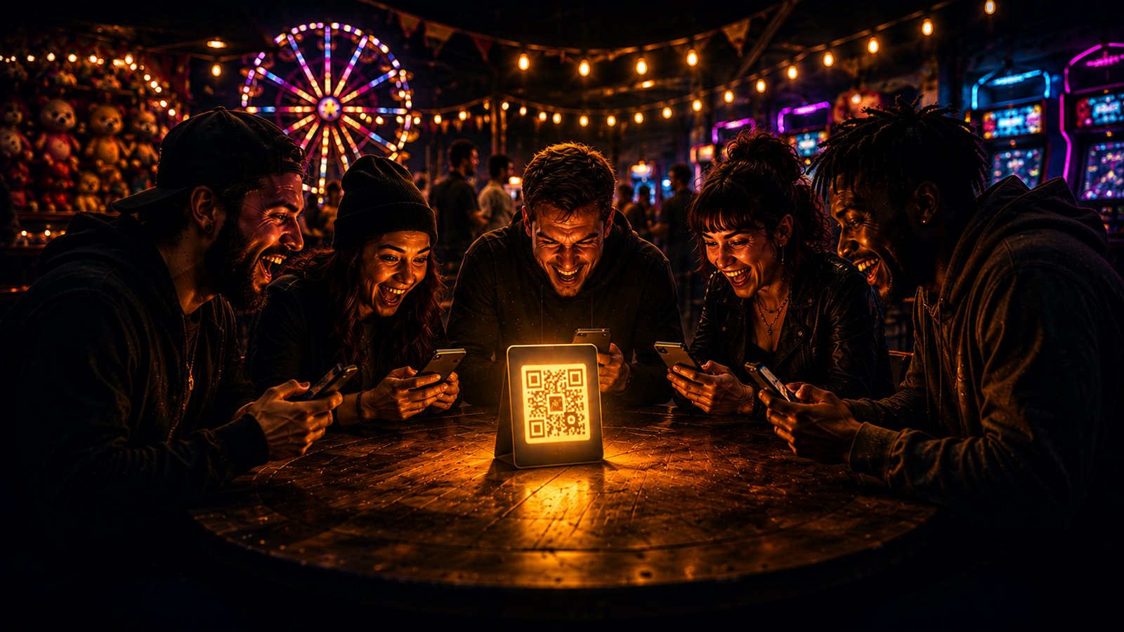 Friends laughing and competing on their phones around a glowing QR code table sign at a carnival bar